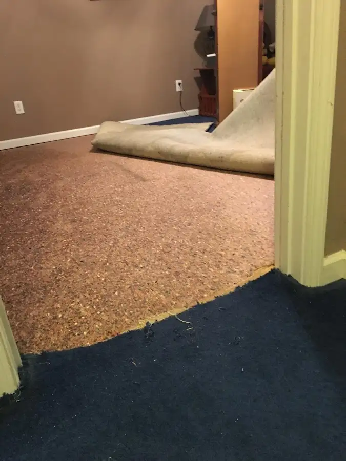 Carpet pad removal revealing water damage during Water Mitigation Services in Lihue